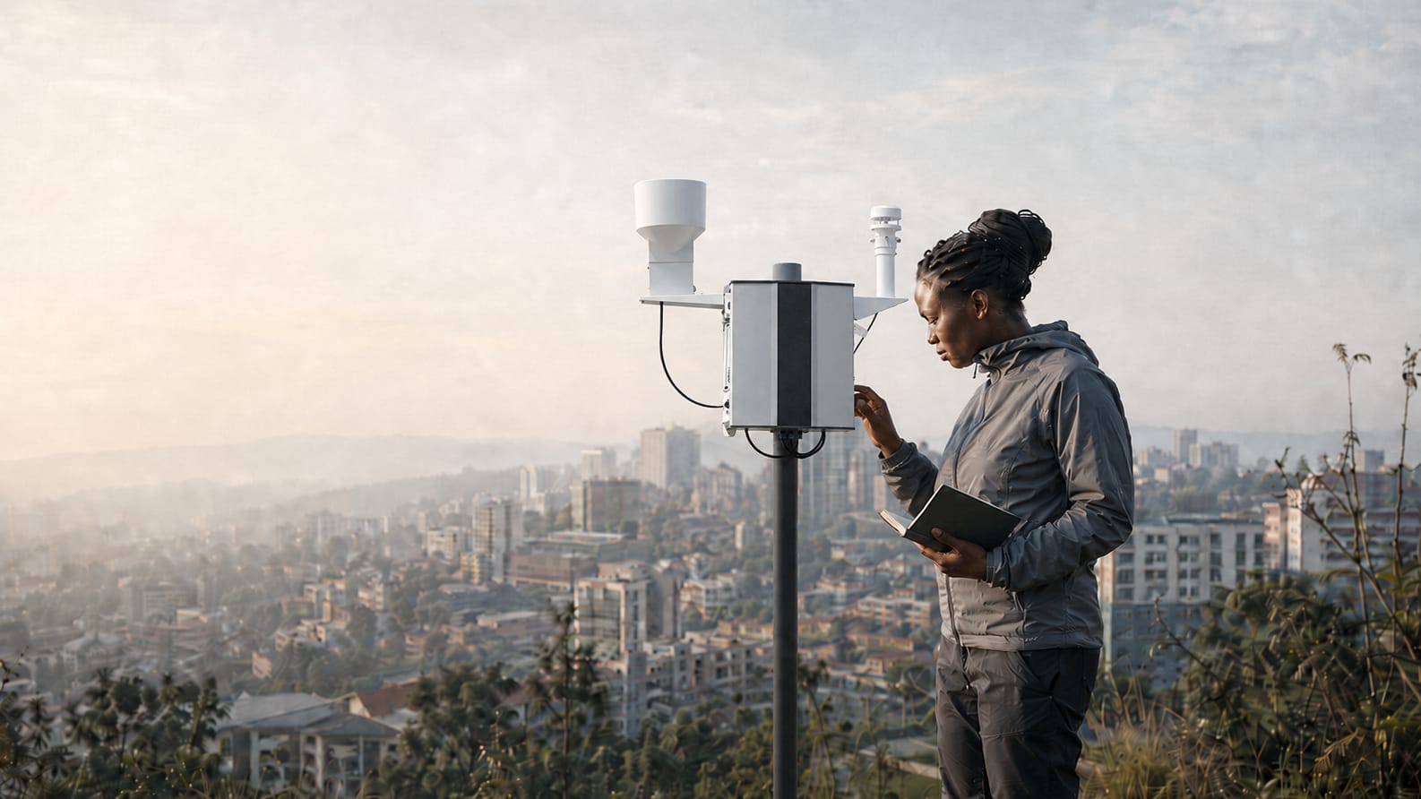Conceptual scene of an environmental specialist inspecting field-monitoring equipment above an urban landscape.
