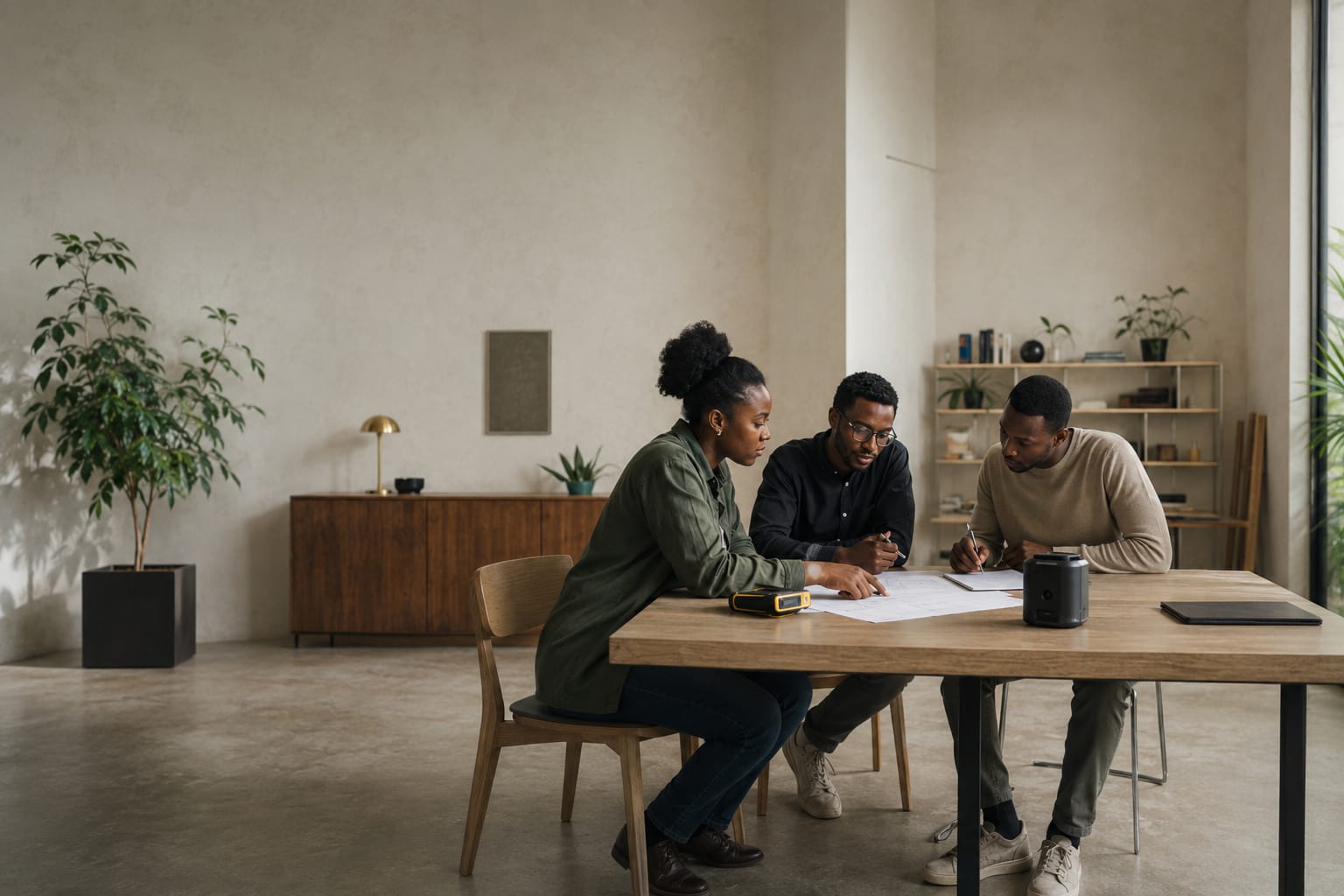 Conceptual multidisciplinary working session with three people reviewing plans around a table.